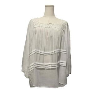 Cato Blouse XL White Boho Peasant Top Long Sleeve Crochet Trim Flowy Preloved